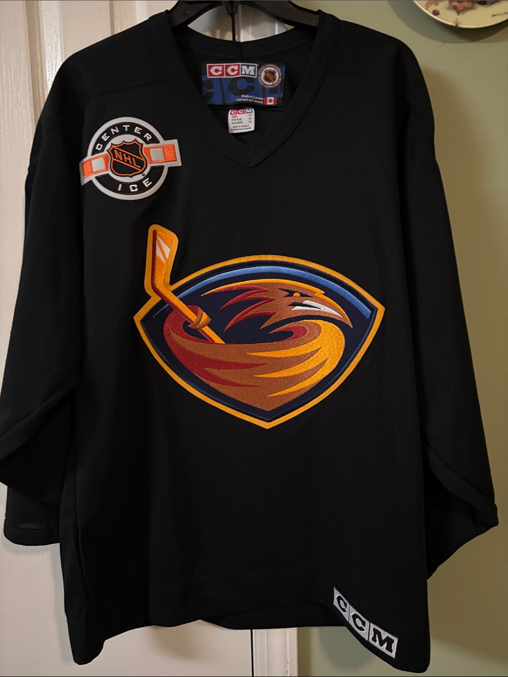 Vintage Ccm Black Atlanta Thrashers Jersey With Orange, Gold & Blue Crest